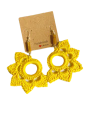 a pair of yellow crochet earrings on a card